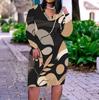 Women Plus Size V Neck Long Sleeve Abstract Printed Fitted Midi Dress