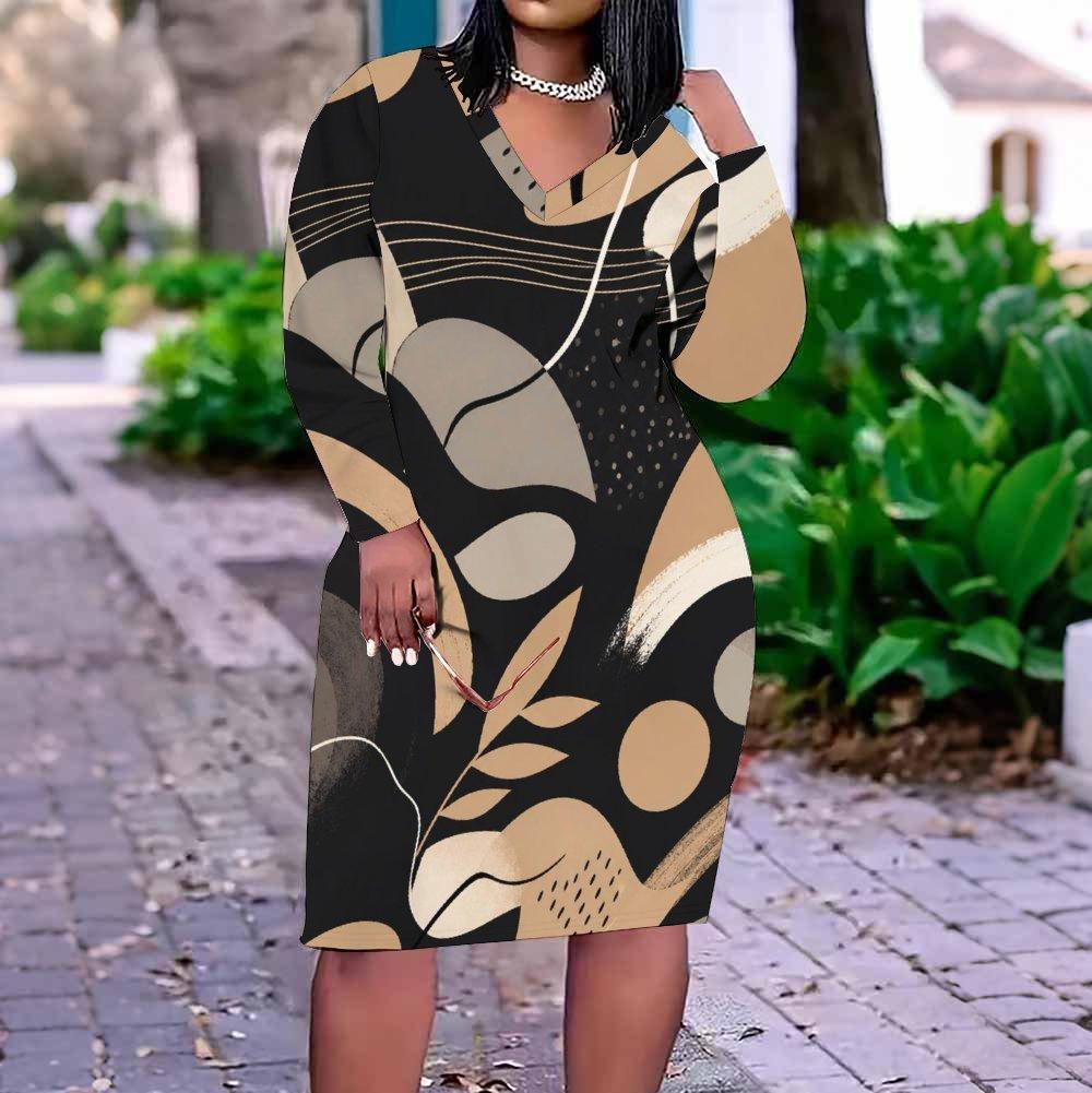 Women Plus Size V Neck Long Sleeve Abstract Printed Fitted Midi Dress