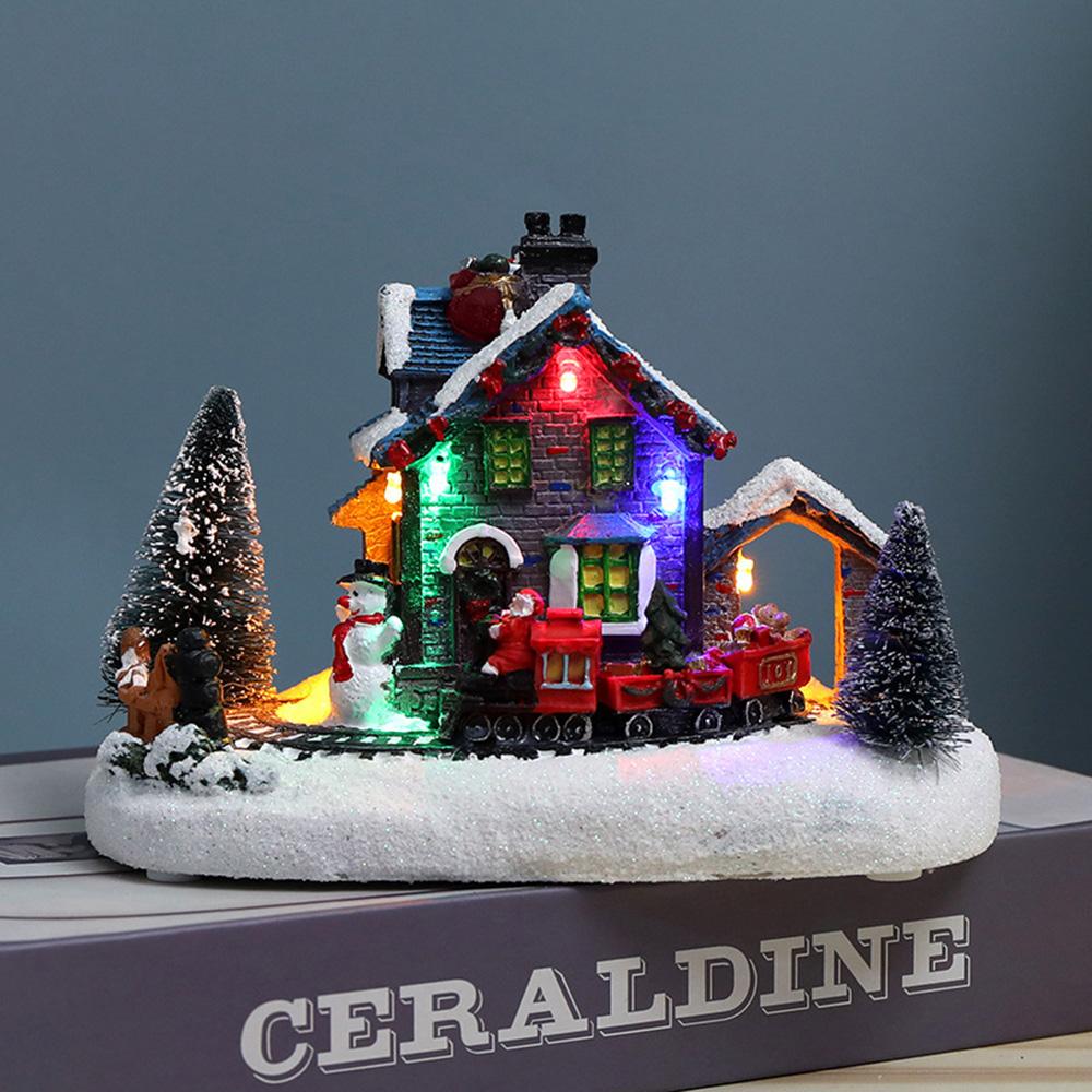 Resin Christmas Scene Village House Decoration Town with Warm LED Light Santa Claus Train Snowman Battery Operated Christmas Ornament