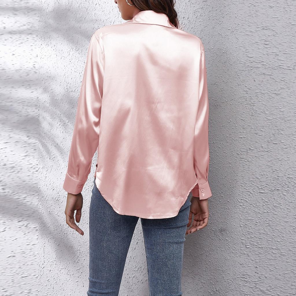 Woman's Fashion Casual V-Neck Solid Button Satin Imitation Silk Long Sleeved Shirt Top