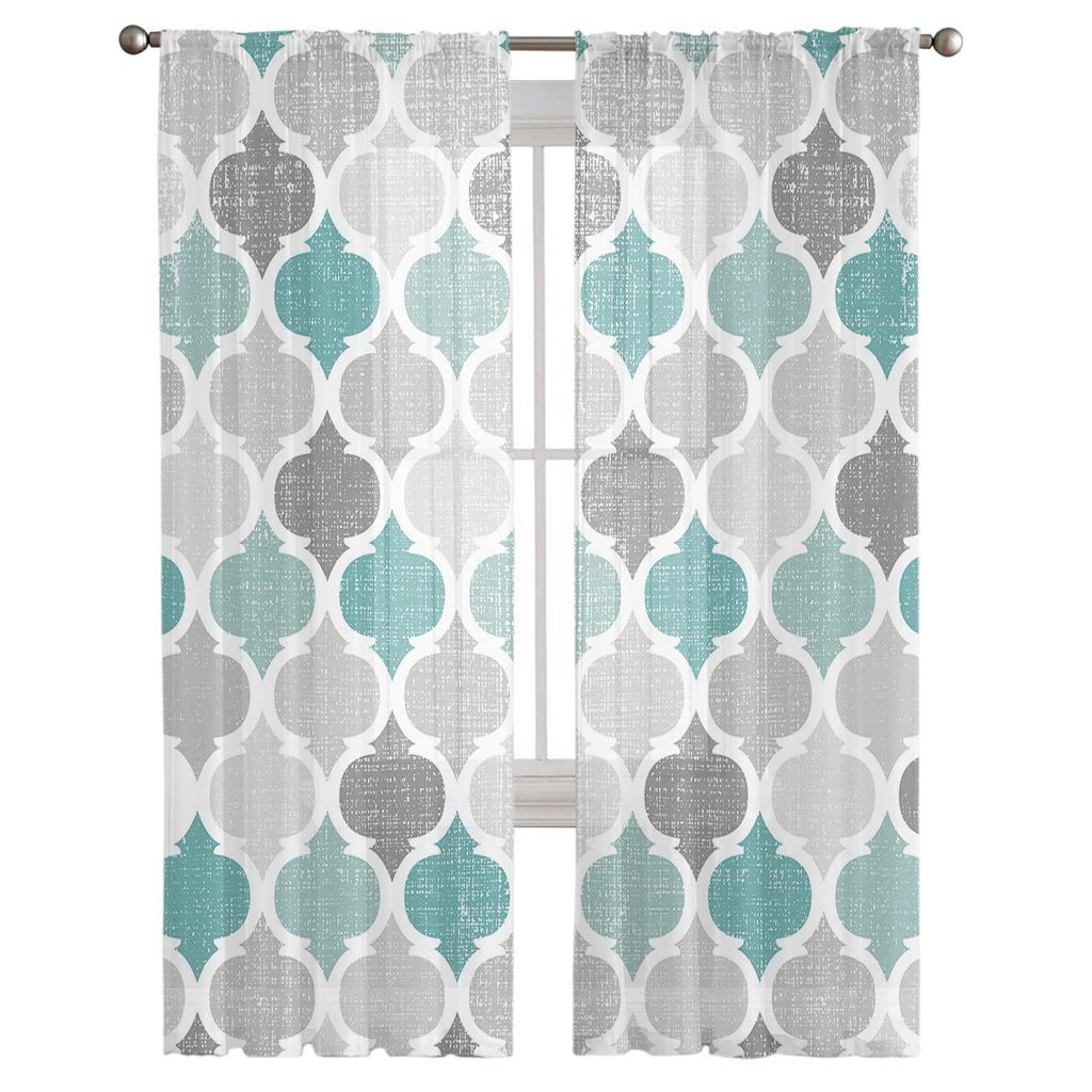 Turquoise Grey Geometric Moroccan Retro Tulle Curtain Voile Transparent for Bedroom Living Room Kitchen Sheer Window Curtains