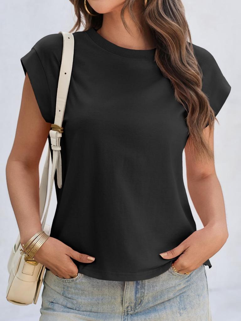 Women's Cotton Cap Sleeve Tank Top Crew Neck Loose Fit Summer T Shirt