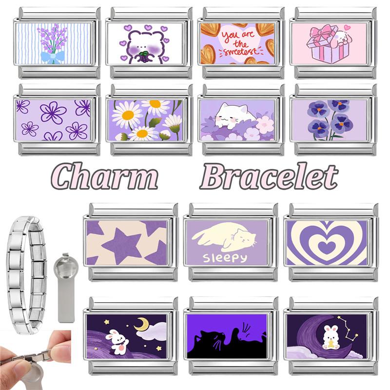 Fashion Purple Charm Heart Cat Rabbit Star Flower Eyes Moon Italian Charm Links Fit 9mm Stainless Steel Bracelet DIY Making Gift