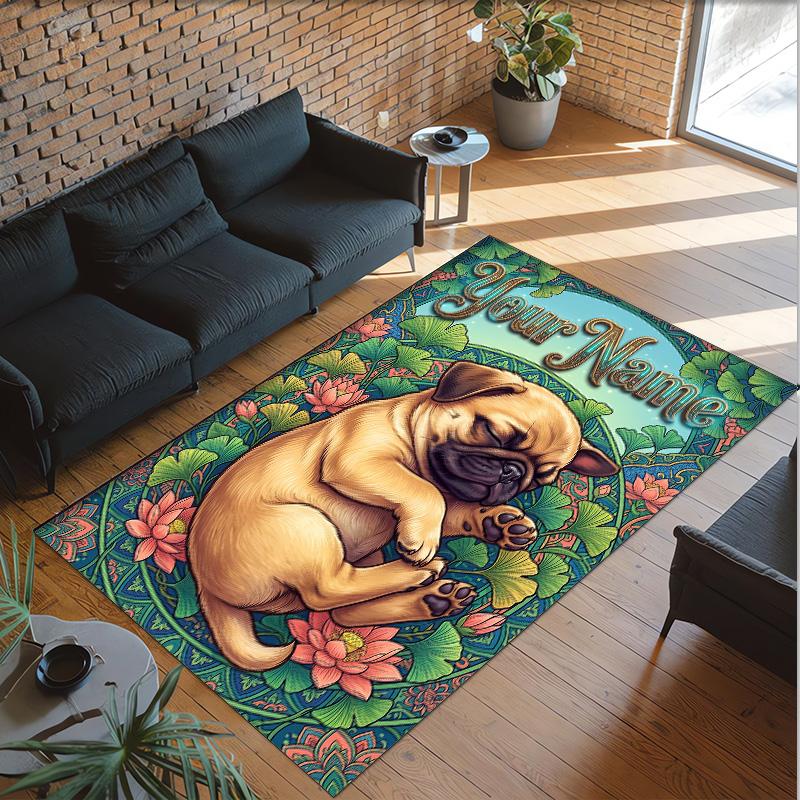Pug Theme Crystal Velvet Floor Rug Personalized Custom Name Text Warm Carpet Home Decoration