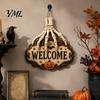 Placa de Loja Estilo Terror Mão de Esqueleto Porta Placa de Boas-Vindas, Decoração Padrão Abóbora Morcego de Halloween, Decoração de Madeira Antiga Desgastada Pendurada na Parede