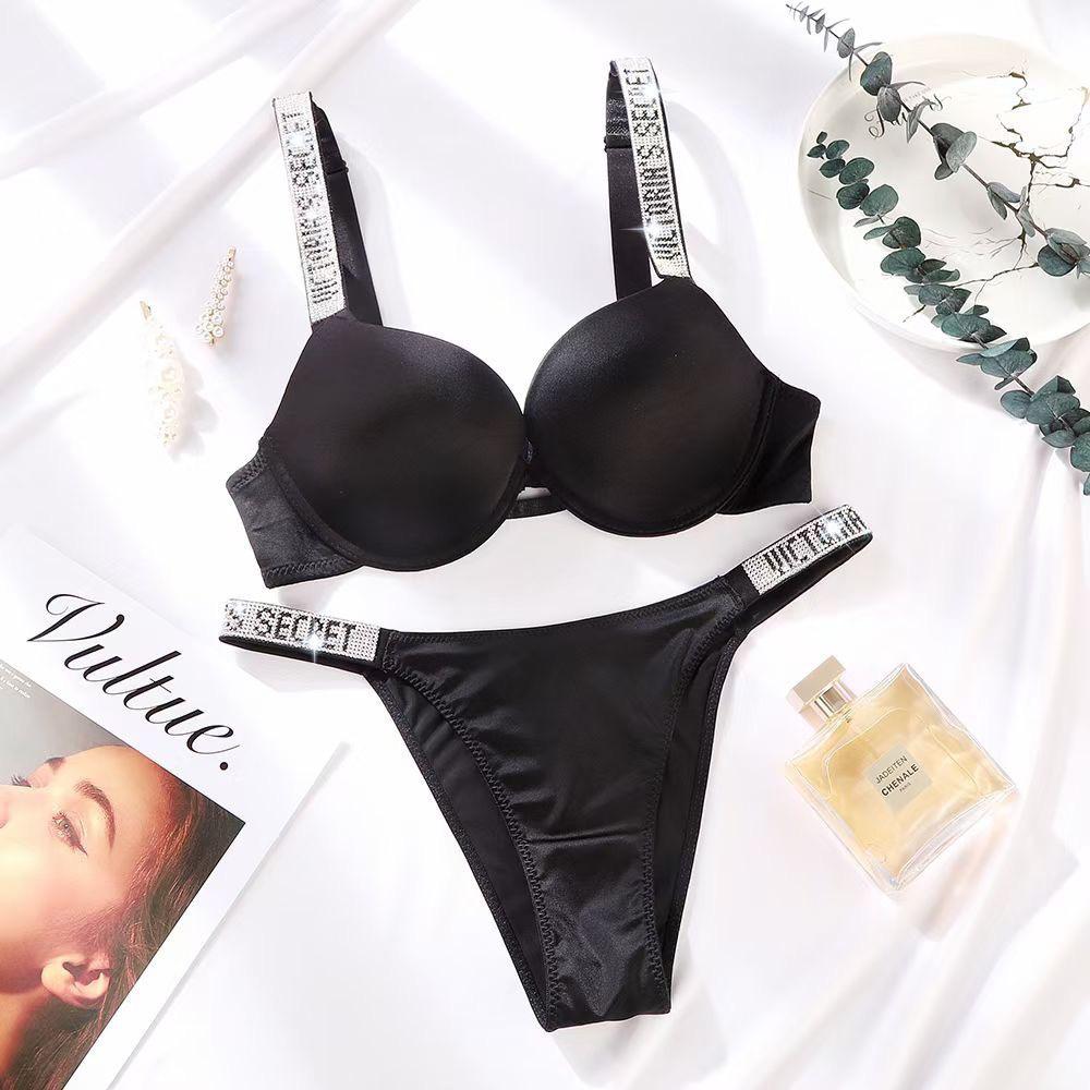 Plus Size European & American Light Luxury Diamond Strap Push-Up Bra & High Cut Panty Set