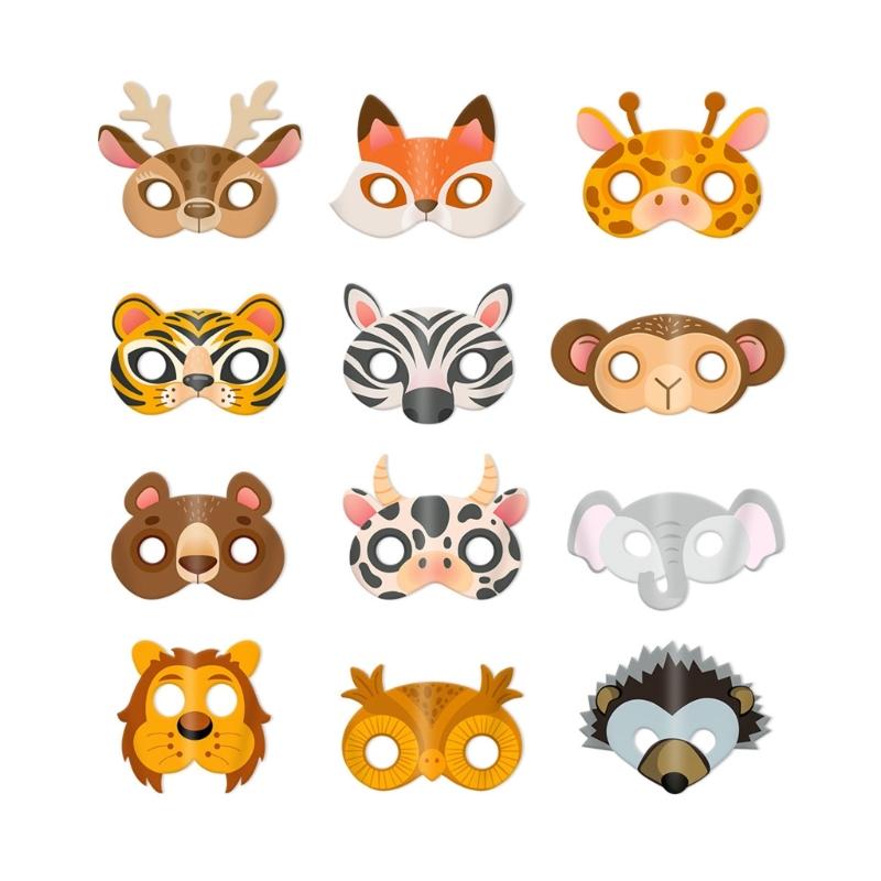 Forest Friend Kids Party Mask 12Pieces Set Cardboard Animal Face Mask for Dress Up Fun Halloween Cosplay Party Supplies