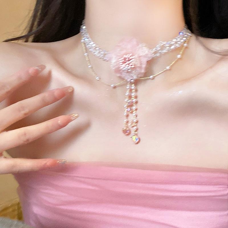 Pink Crystal Flower Pearl Necklace Earrings for Womens Summer Dopamine