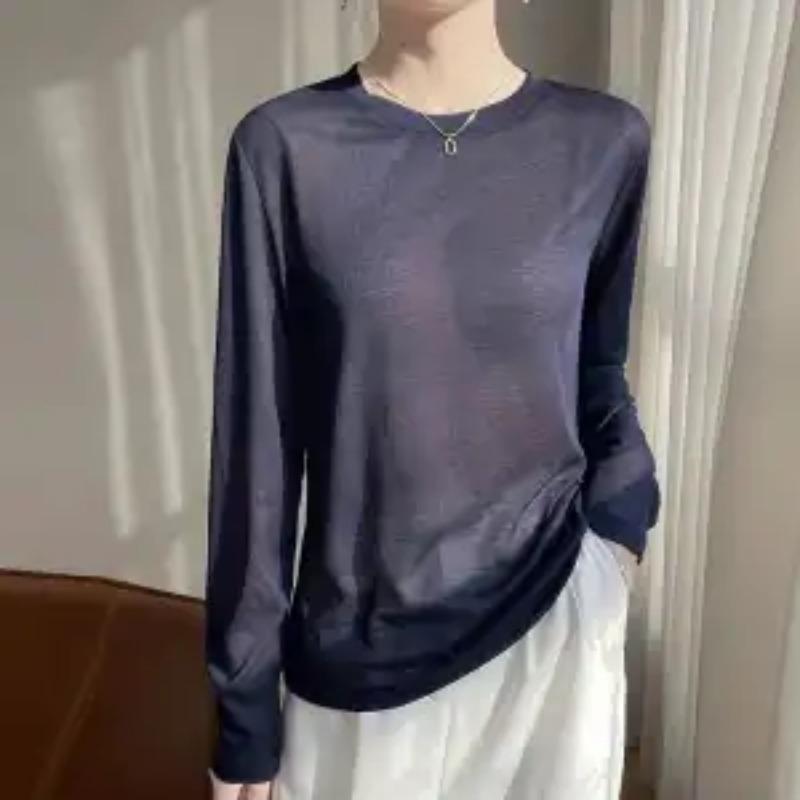 

Весна Осень Однотонная Женская Одежда Топы Круглый Вырез Мода Новинка Удобные Комфортные Приталенные Футболки Длинный Рукав Белый XL темно-синий