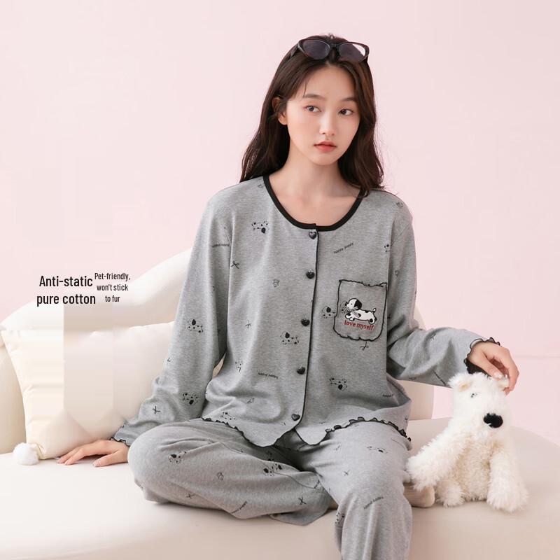 Fenteng Women s 100% Cotton Puppy Print Pajama Set L