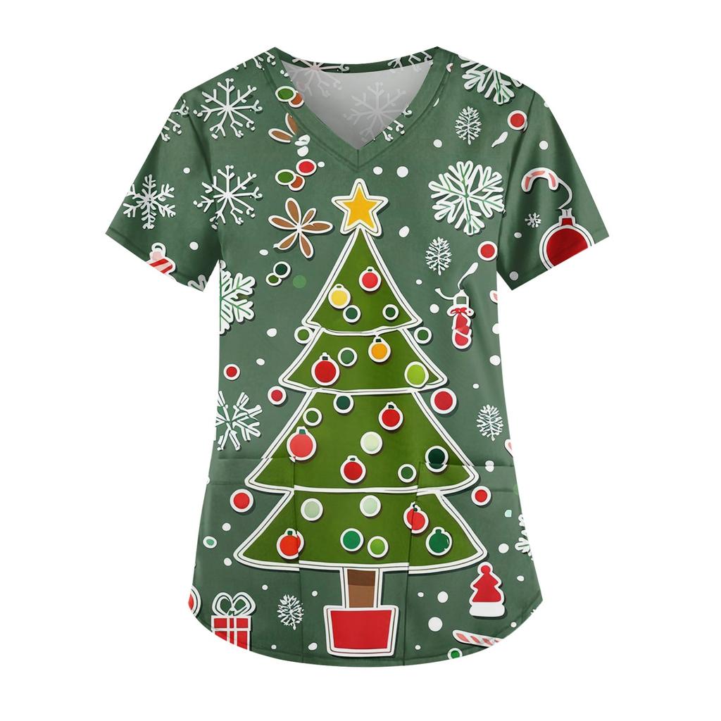 Women's Fashion V-Neck Short Sleeve Workwear With Pocket Christmas Printed Top