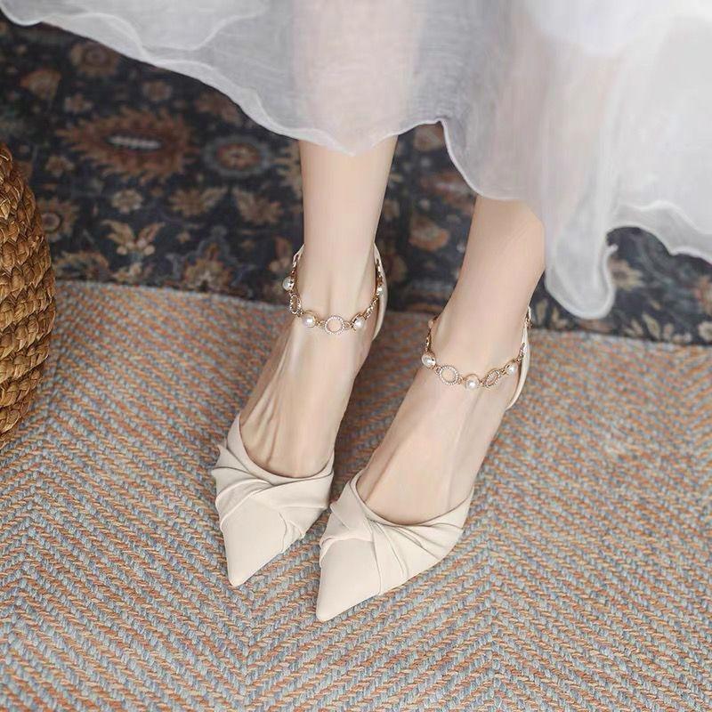 Temperament French niche 3cm low heel stiletto bridesmaid high heels female pearl fairy style with skirt small heel versatile