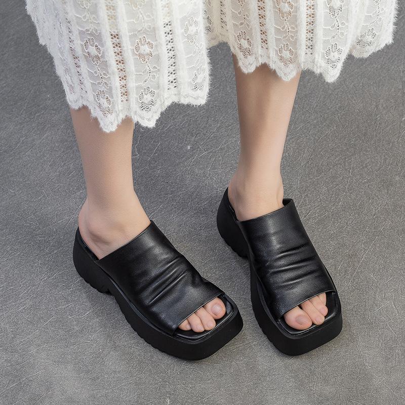 2026 Summer Genuine Leather Retro Platform Sandals Women Chunky Sole Mules Comfortable Casual Shoes