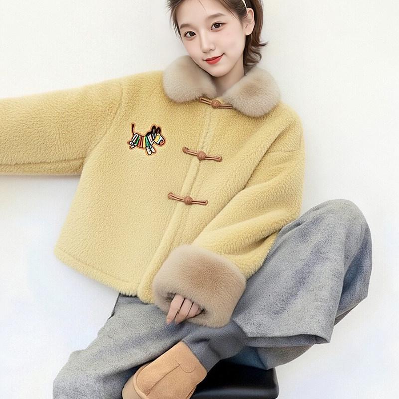 Women's Yellow Fox Fur-Lined Plush Lapel Coat - High-End, Eco-Friendly, Oversized Winter Style