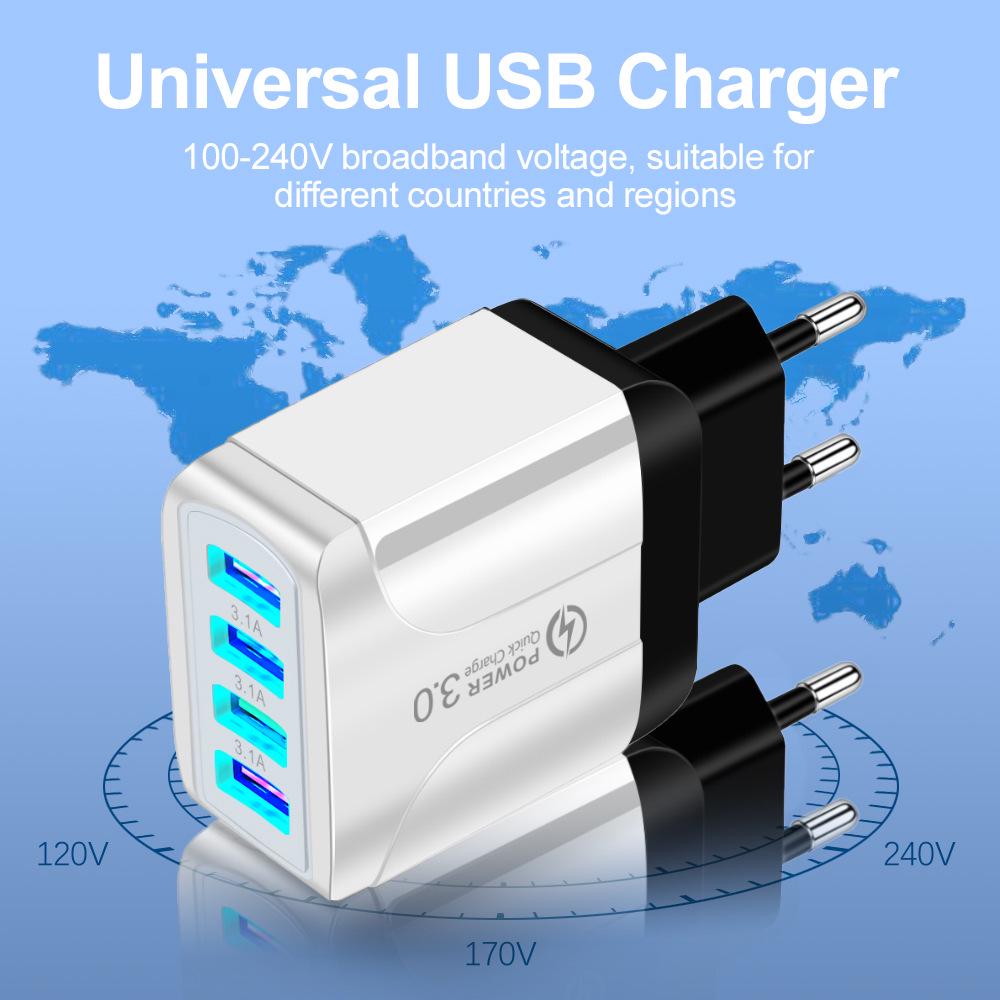 Vibrant 4-Port USB Travel Charger, 5V/2.4A Fast Charging with EU, UK, AU Plugs
