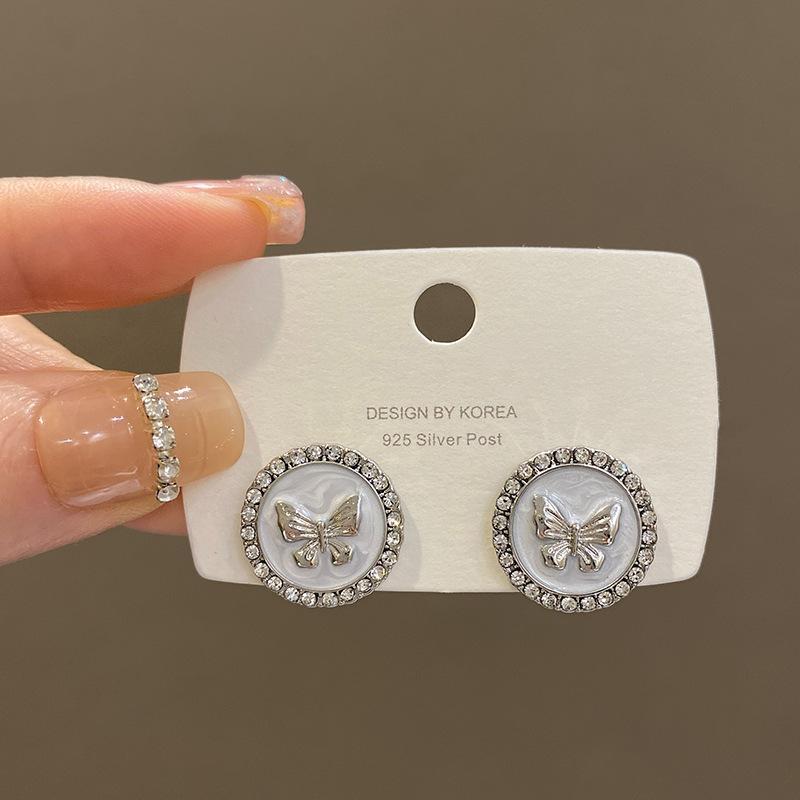 

ins wind drop glaze butterfly circle earrings women s unique niche design flash diamond stud earrings French retro ear jewelry