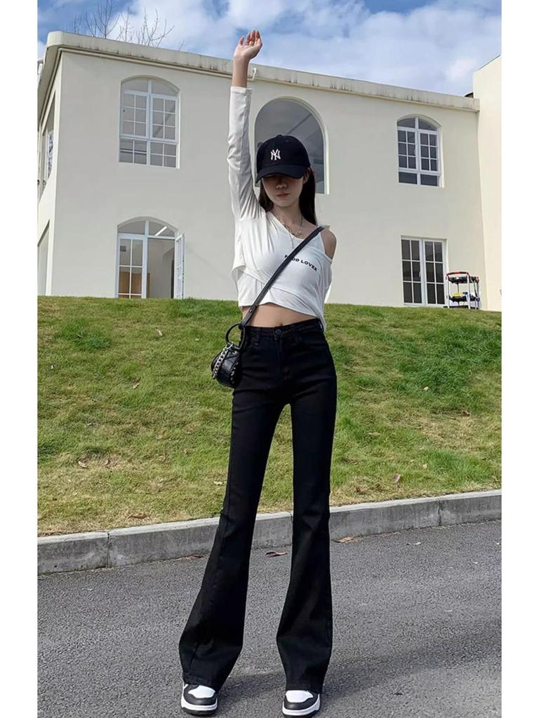 Women's Black Micro-Flare High-Waisted Jeans - 2024 Winter Slimming Elastic Trendy Pants