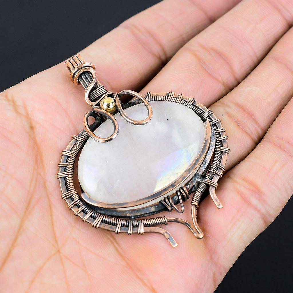 Moonstone Gemstone Pure Copper Wire Wrapped Handmade Pendant Jewelry Gift For Her