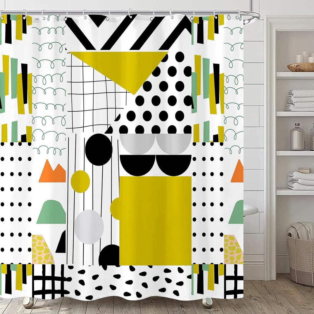 Extra Long Geometric Shower Curtain Mid Century Modern Shower Curtains For Bathroom Abstract Yellow Black White Waterproof