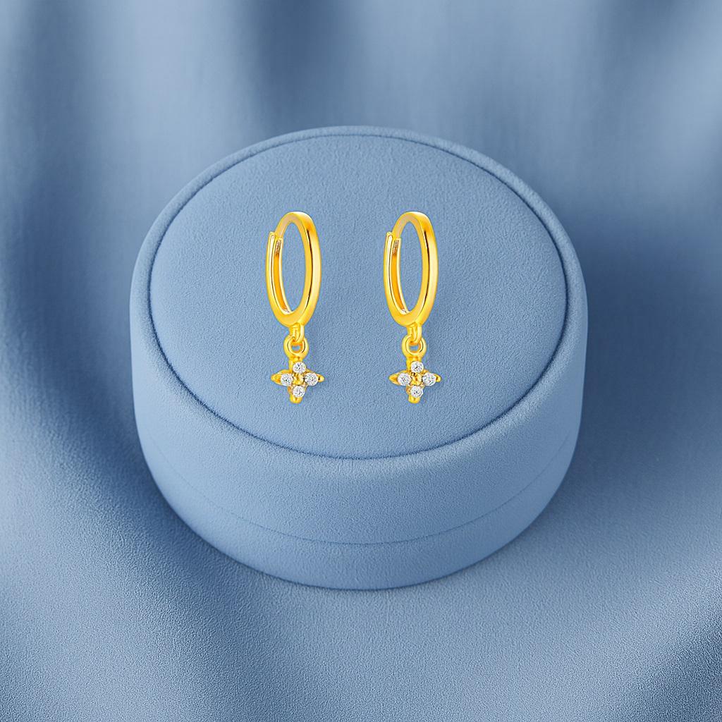 Floral Drop Dangle Huggie Hoop Earrings - Sterling Silver Yellow Plated