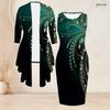 Women Plus Size Black Gold Printed Two Piece Set Sleeveless Bodycon Dress Long Sleeve Draped Cardigan