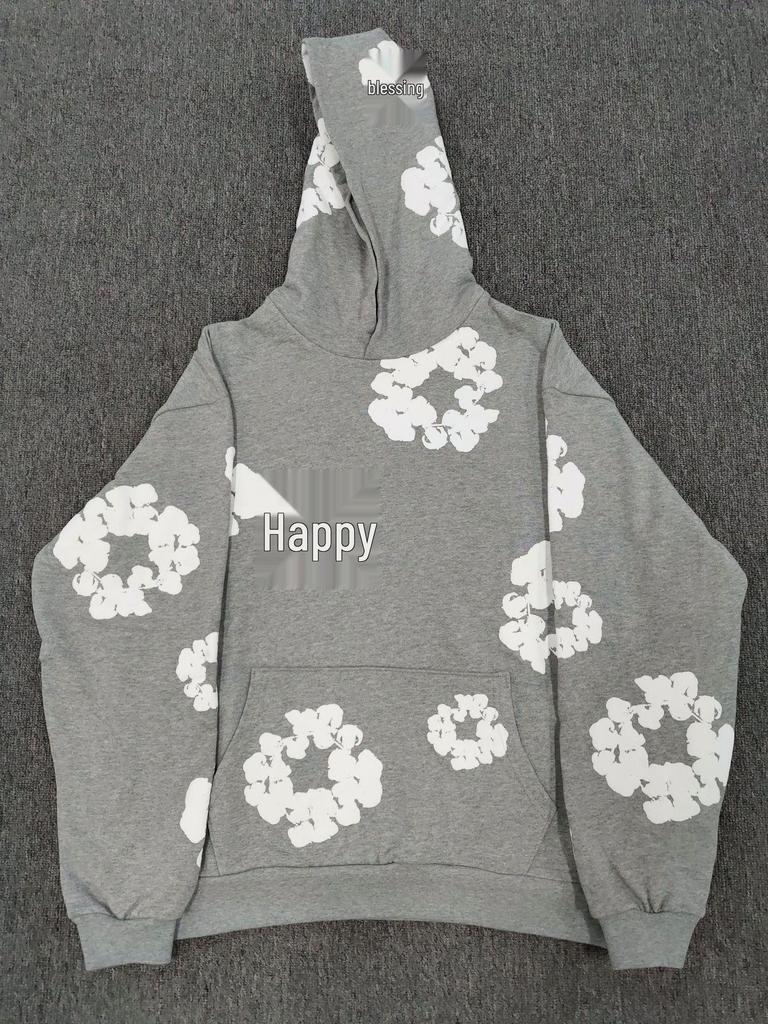 Schwerer Baumwoll-Denim-Hoodie mit Blumenmuster - Trendige amerikanische Streetwear-Jacke für Herren