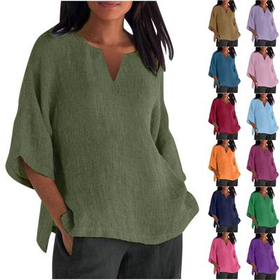 Women Summer Cotton Linen Tshirt Tops Loose Fit Blouse 3/4 Sleeve Vintage Crewneck Plus Size Clothes
