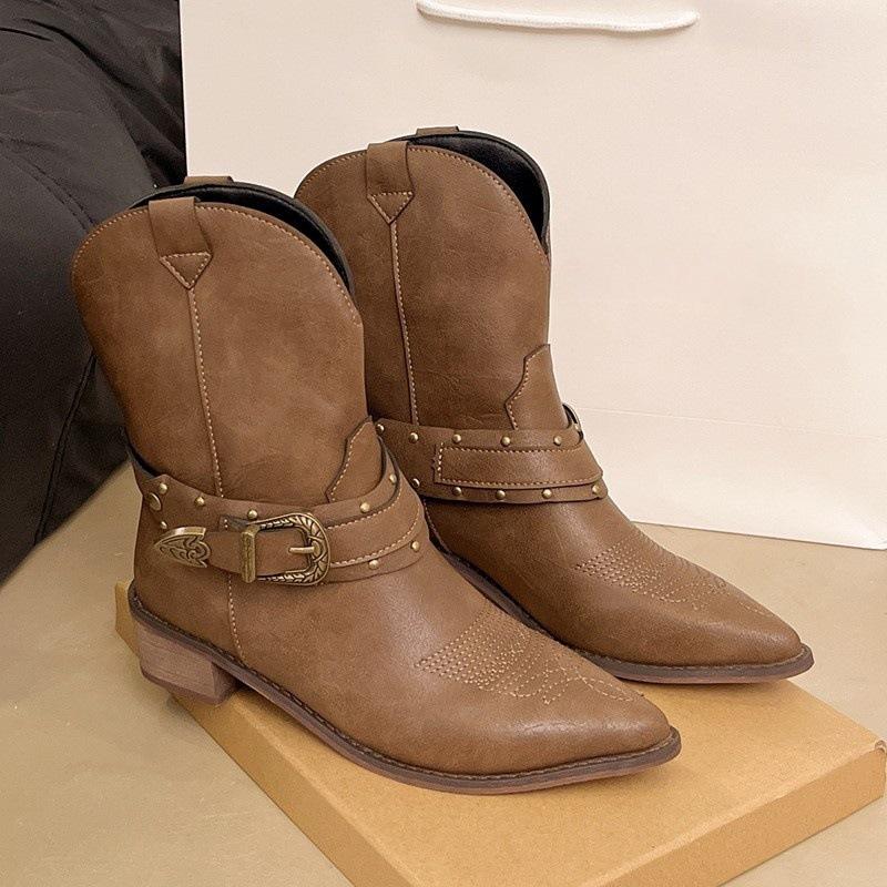

Brown western cowboy boots women s new spring and autumn Martin boots thick heel Xinjiang boots Maillard pointed short boots 42 коричневый