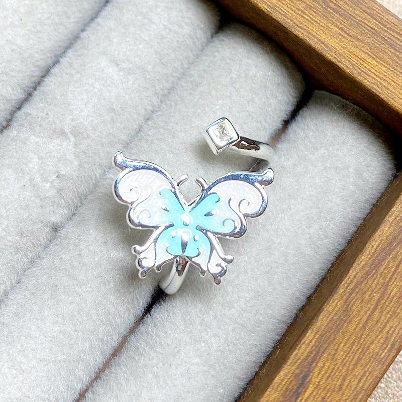 

Small Fresh And Cool Blue Gradual Change Enamel Zircon Butterfly Opening Ring Niche Stacking Wearing High-End Ring Woman Adjustable opening