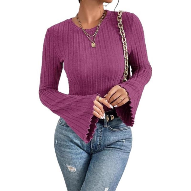 Women S Long Sleeve Round Neck Knit T Shirt Slim Fit Casual Top