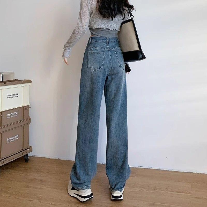 Retro Blue Narrow Wide-leg Jeans Female Summer Student New High-waisted Loose Straight Tall Mopping Pants