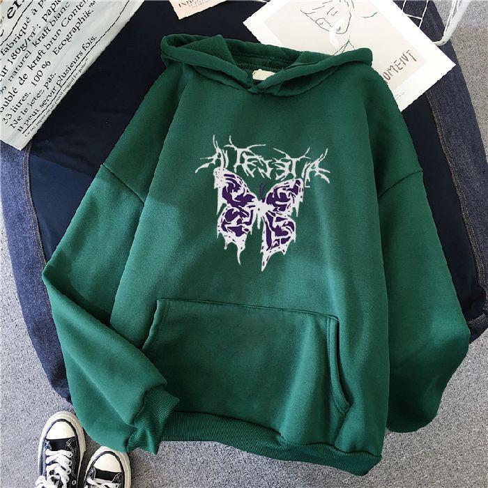 Punk big butterfly sweatshirt Harajuku dark sweater aesthetic fleece hip hop gothic streetwear hoodie