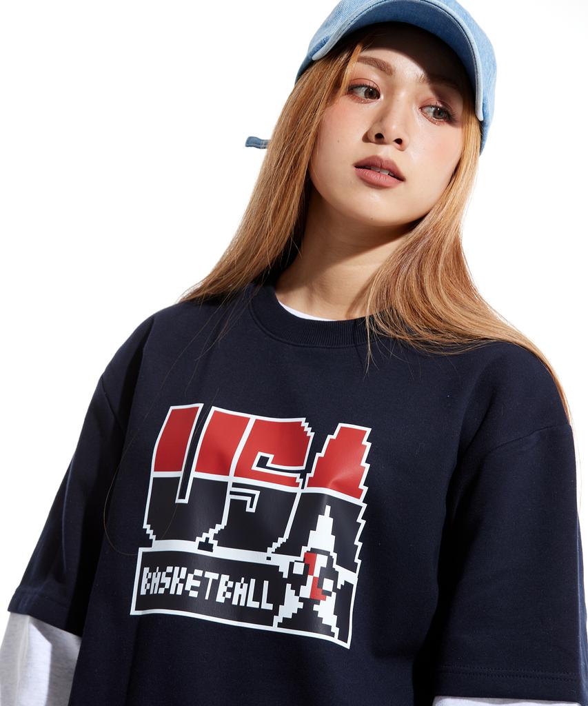 STUFF X Ju Jae-Beom Pixel Dt Logo Layered Long Sleeve T-Shirt Navy