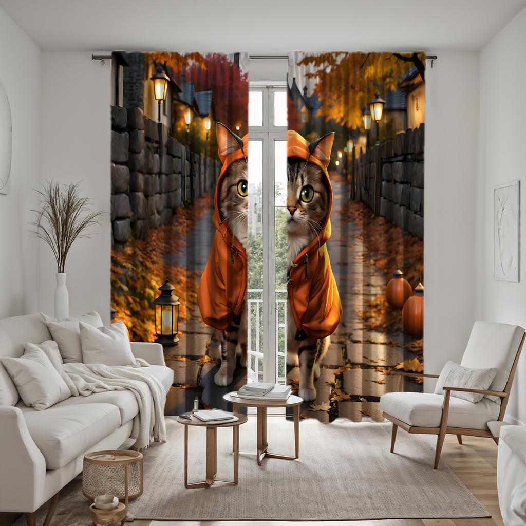 2 Pieces HD Thanksgiving Alley Maple Leaf Pumpkin Cat Curtain Yellow Tie Digital Printed Curtain Home Decoration Style Decorate