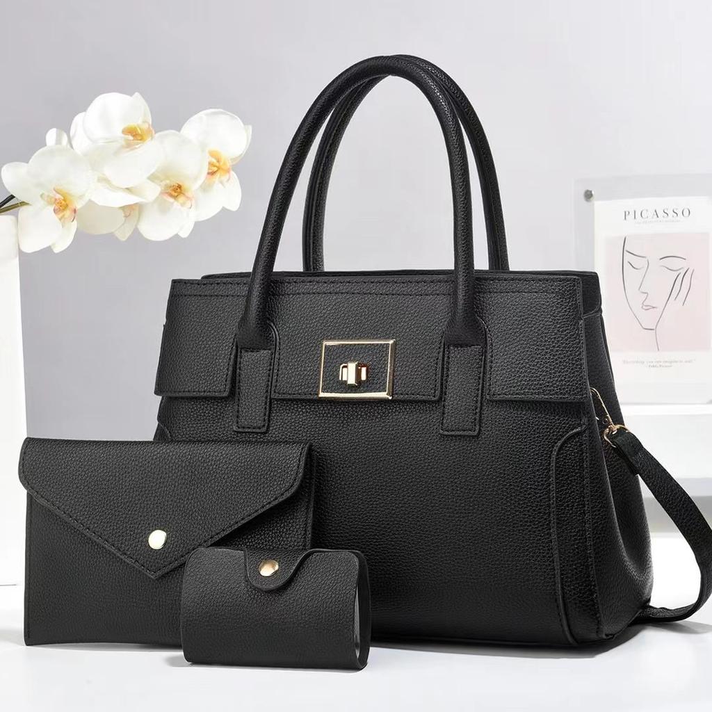 The new lychee pattern is simple and large-capacity large bag, single shoulder crossbody texture women's bag three-piece set