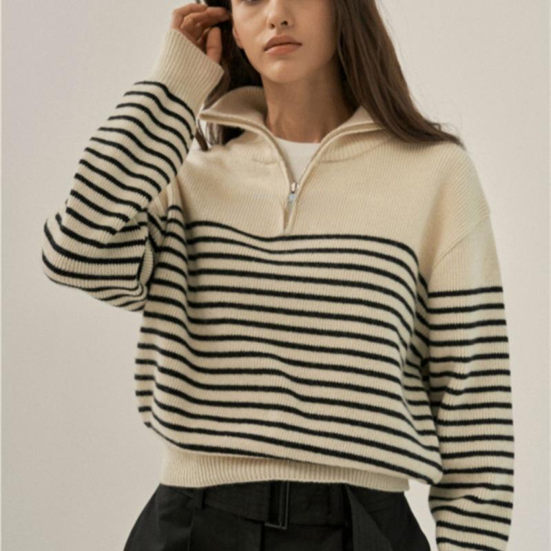 Autumn and winter new loose casual sweater women's semi-zipper pullover striped knitted sweater top