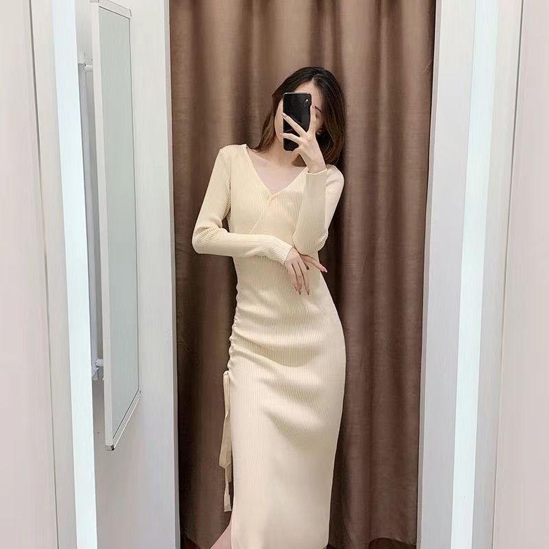 Knit Dress Waist-Cinching Mid-Length Autumn Winter Temperament Knee-Length Long Sleeve Base Layer Sweater Dress