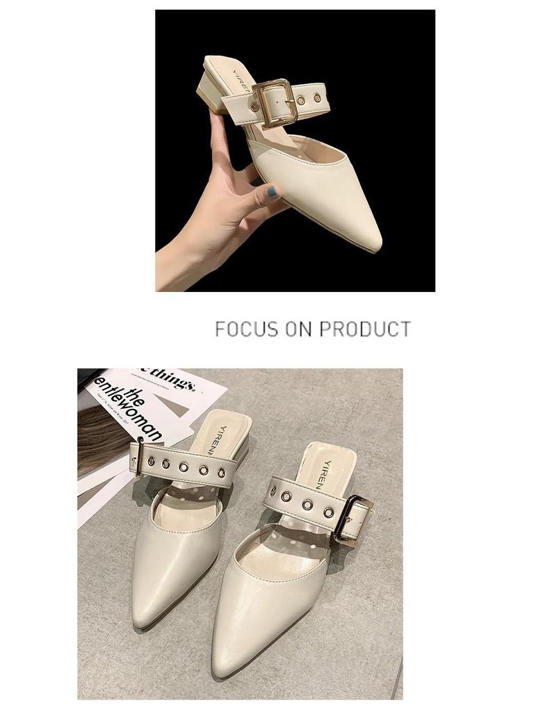 Women's 2025 Summer Korean Style Pointed Toe Closed Slippers with Belt Buckle & Chunky Heel