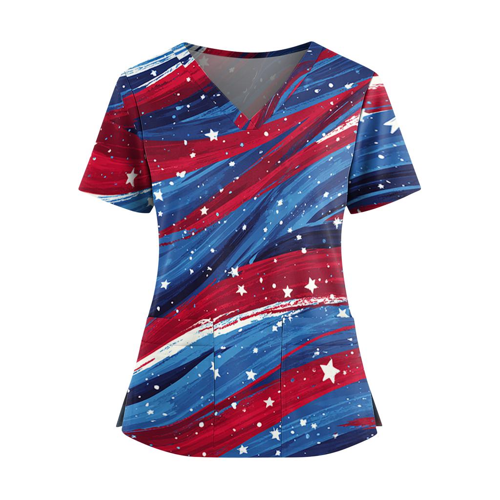 Women's Independence Day Print V-Neck Double Pocket Short Sleeve Uniform with Slit Hem - Caregiver Top