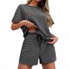 Women 2 Piece Casual Set, Striped Short Sleeve T-shirt and Drawstring Shorts, Fashion Daily Matching Outfit