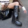 Trend Knee High Boots Chunky Women Shoes Winter 2025 New Leather Cozy Chelsea Boots Punk Gladiator Fashion Goth Snow Botas Mujer