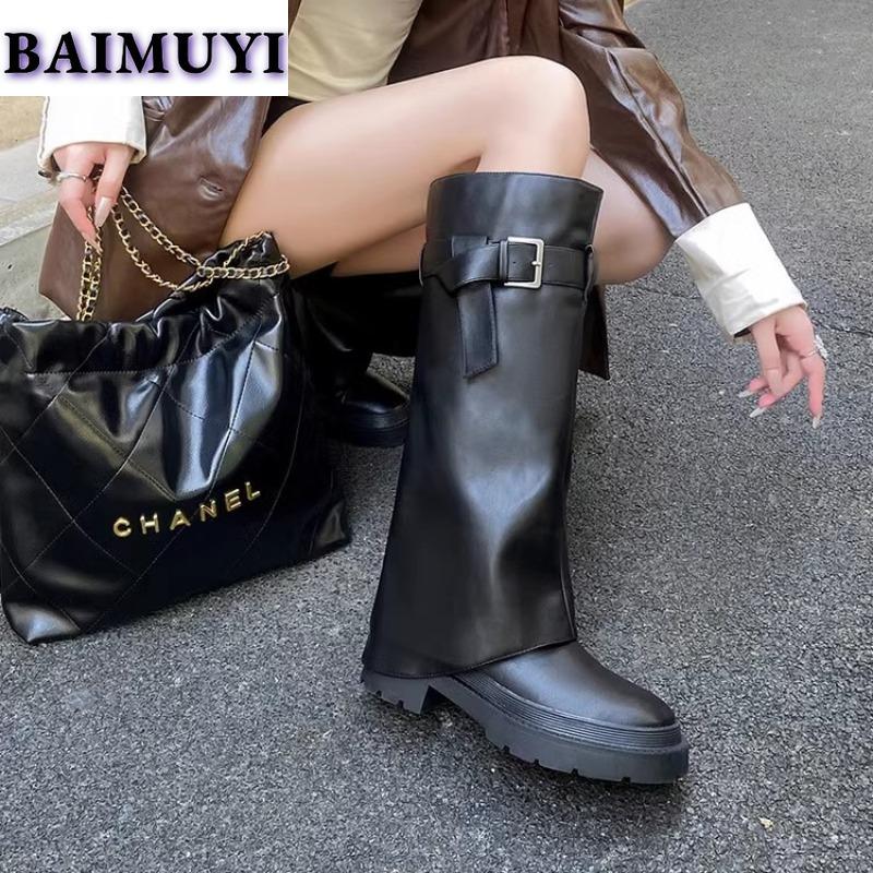 Trend Knee High Boots Chunky Women Shoes Winter 2025 New Leather Cozy Chelsea Boots Punk Gladiator Fashion Goth Snow Botas Mujer