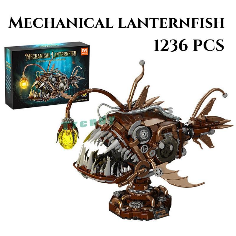 1236PCS Mechanical Lanternfish Marine Animal with Lights Building Blocks,Technical Steam Punk Retro Deepsea Manta Ray Toys Gifts