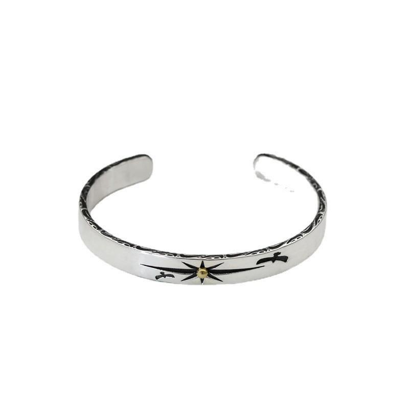 Takahashi Goro's Silver Distressed Sun Ray Flying Eagle Open Fashion Bracelet for Couples