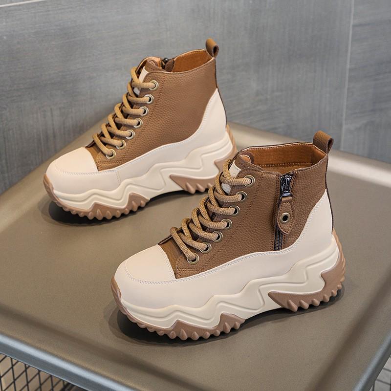 Autumn and winter new thick-soled cm height-increasing casual women's cotton shoes trendy short boots lace-up zipper high-top women's shoes
