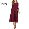Women's Pleated A-line Midi Dress 3/4 Sleeve Crew Neck Swing Dress Summer Beach Vacation Flowy Sundress