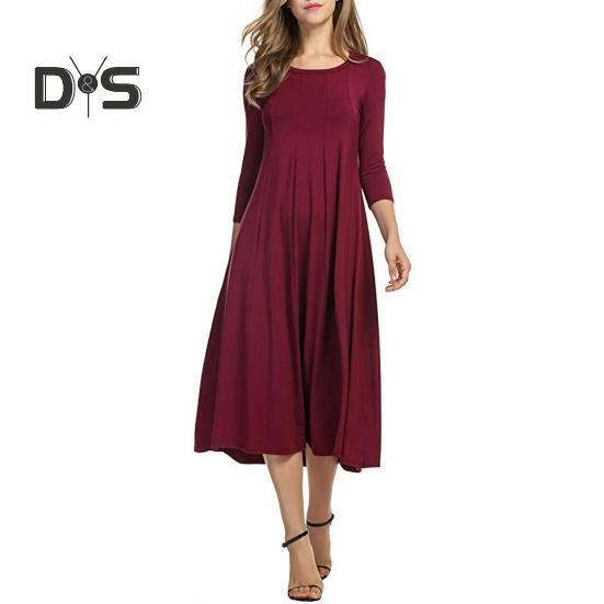 Women's Pleated A-line Midi Dress 3/4 Sleeve Crew Neck Swing Dress Summer Beach Vacation Flowy Sundress