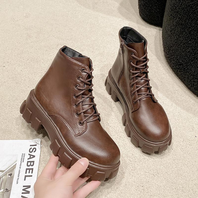 Fashion 2025 Autumn and Winter New British Style Round Toe Platform Women's Flat Mid-Cylinder Soft-Sole Boots