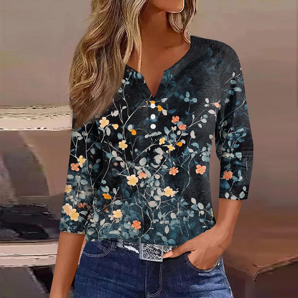 Lockeres, lässiges Oberteil mit Blumenmuster für Damen, V-Ausschnitt und Siebenviertelärmeln