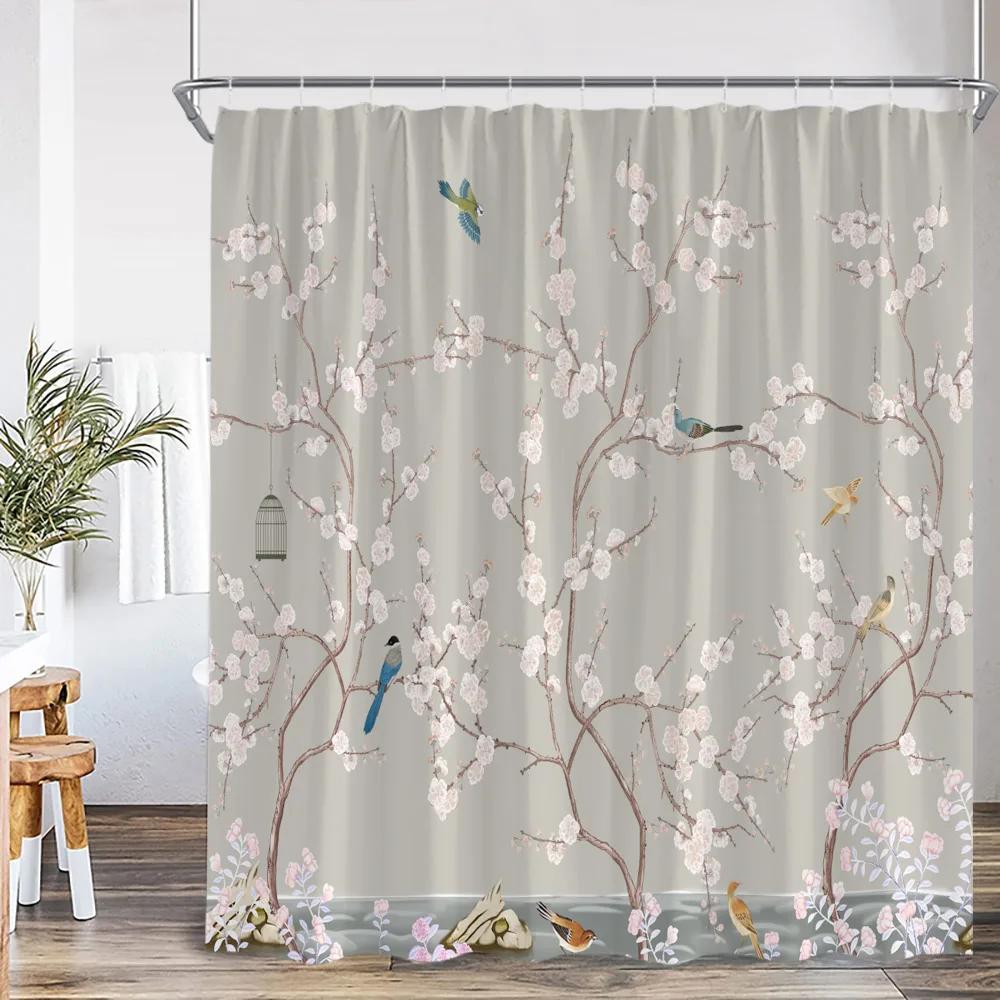 Chinese Style Shower Curtain Birds Classical Flower Tree Plant Asian Bathroom Decor Vintage Polyester Bath Curtain with Hook